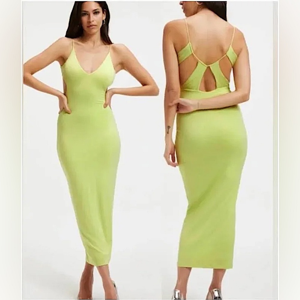 Good American Cut Spaghetti Open Back Midi Dress in Lime Green